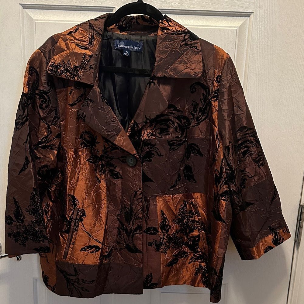 Susan Graver Copper Brown and Black Floral Blazer Satin/Velvet Size XL